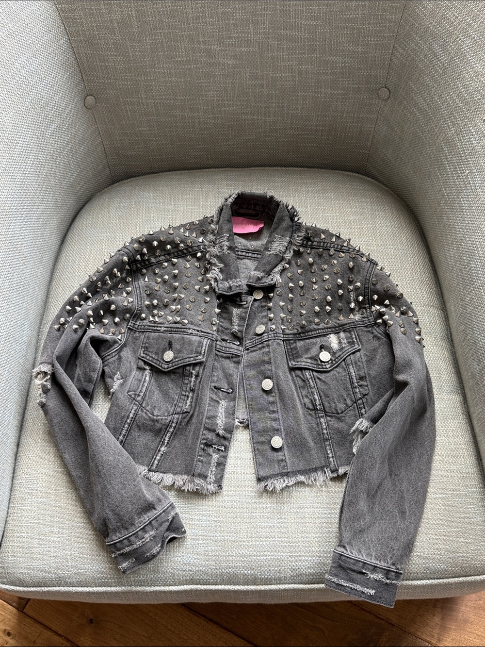 Cropped Gray Distressed Studded Denim Jacket